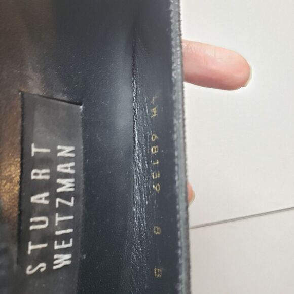 Stuart Weitzman Black Textured Square Toe Low Block Heel Pumps - Picture 8 of 8